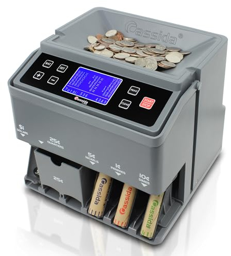Cassida C300 Professional USD Coin Counter, Sorter and Wrapper/Roller, 300 coins/min, with Quickload and Printing-Compatible,Gray