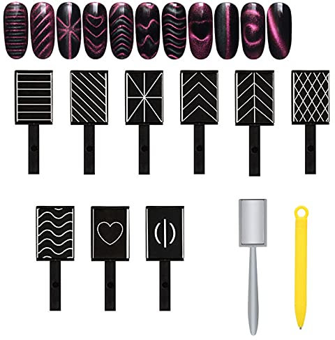 11 Pcs Nail Art Magnet Tool Set, 3D Cat Eye Gel Nail Polish Magnet Stick Nails Magnet-Pens and Strong Cat Eyes Magnet-Stick DIY Manicure Nails Art Tools