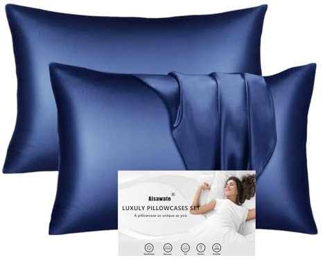 2er Pack Satin Kissenbezug für Haar und Haut, ähnlich wie Seide, Luxus Satin Kissenhülle mit Hotelverschluss, Blau Kopfkissenbezug Weich und Atmungsaktiv Kissenbezüge 40 x 80 cm