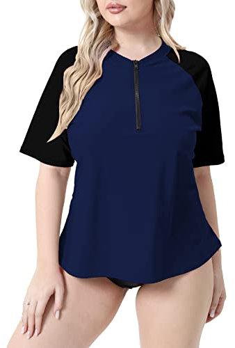 Halcurt Schwimmshirt Damen Kurzarm Rash Guard Badeanzug Shirt Blau Plus 2X