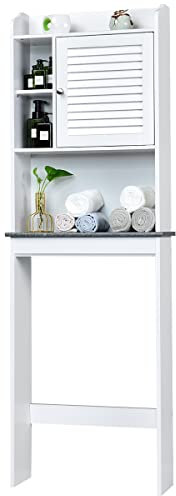 COSTWAY Over Toilet Cabinet, Freestanding Washing Machine Rack with Open Shelves and Door, Bathroom Space Saver Laundry Tall Storage Cupboard Organiser Unit (Louver Door)