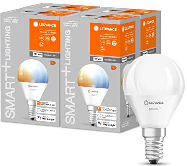 LEDVANCE Smarte LED-Lampe mit WiFi Technologie, Sockel E14, Dimmbar, Lichtfarbe änderbar (2700-6500K), ersetzt Glühlampen mit 40 W, SMART+ WiFi Mini Bulb Tunable White, 4er-Pack