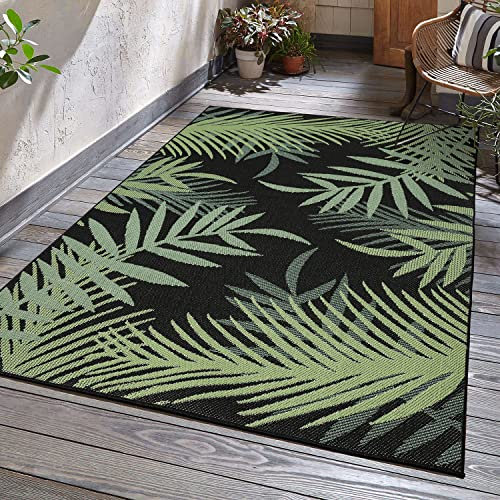 VIMODA Teppich Flachgewebe für Terrasse Balkon Küche In- und Outdoor Palmenmotiv Grün Schwarz, Farbe:Schwarz, Maße:Ø 160 cm Rund