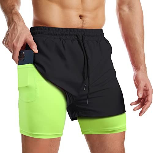 Danfiki Herren Sport Shorts Kurze Hose Schnell Trocknend Sporthose Leicht mit Reißverschlusstasche Laufshorts mit Taschen Hosen Fitness Laufhose,Schwarz Grün,XL