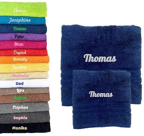2er Pack Personalisiertes Handtuch und Badetuch mit Namen 2er Pack Schön gestickter Name Handbadetuch 100% Baumwollhandtuch 50 x 100 cm + 140 x 70 cm Personalized Custom Towel with Name (Dunkelblau)