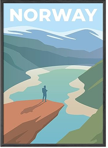JUNOMI® Norwegen Poster DIN A2 | Wohnzimmer Deko, Modernes Wandbild, Norwegen Bild, Reiseposter, Norwegen Wandbild | Mit Rahmen Schwarz