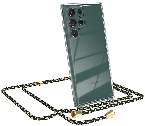 EAZY CASE Handykette kompatibel mit Samsung Galaxy S22 Ultra 5G Handyhülle mit Umhängeband, Handykordel mit Schutzhülle, Silikonhülle, Hülle, Stylische Kette für Smartphone, Grün Camouflage