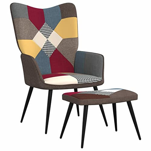 Mogou Relaxsessel mit Hocker, Sessel Wohnzimmer, Lesesessel, Stillsessel, Ohrensessel, Fernsehsessel, Patchwork Stoff