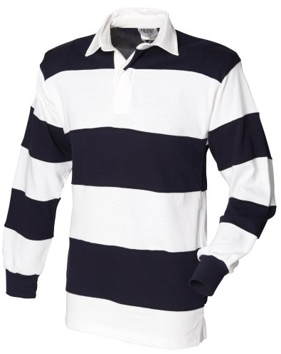 Front Row Sewn Stripe Long Sleeve Sports Rugby Polo Shirt, White & Navy (White collar), XL