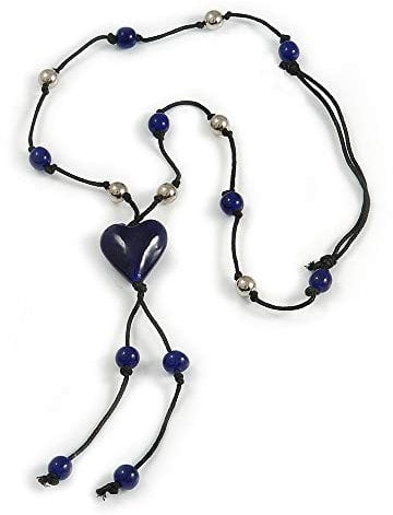 Avalaya Pendentif cœur en verre bleu foncé sur cordon en coton noir avec perles en céramique et métal – 64 cm de long / 15 cm de long, Verre Cordons Verre