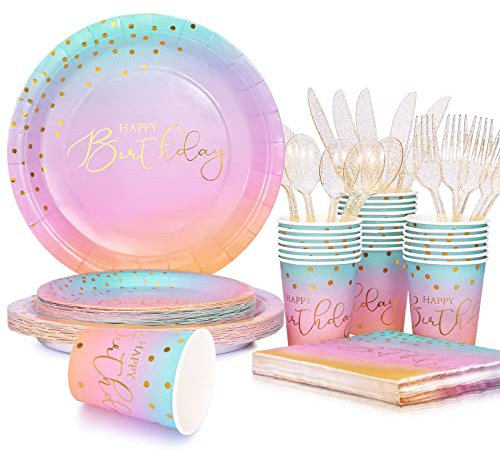 Cheery Land Pastel Birthday Decorations Rainbow Girls Birthday Decorations Party Plates and Cups and Napkins Sets for Girls Birthday Party Supplies, Serve 25 Guestss