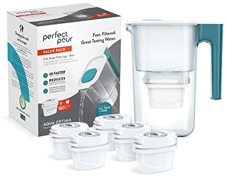 Aqua Optima Perfect Pour Water Filter Jug & 6 Evolve+ Filter Cartridges, 2.4L, Blue - Fridge & Dishwasher Friendly - Reduces Limescale, Chlorine and Other Impurities - By Laica (Packaging May Vary)