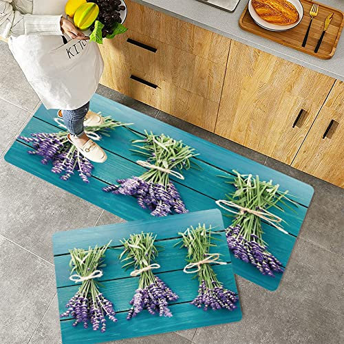 Küchenteppich Teppich Läufer Küchenläufer 2 Stück rutschfest,Lavendel, frische Lavendelbouquets auf blauen Holzbohlen Rustikales Relax-Spa Dekorativ, h, Waschbar für Flur Küche 40 x 100 cm+40 x 60 cm