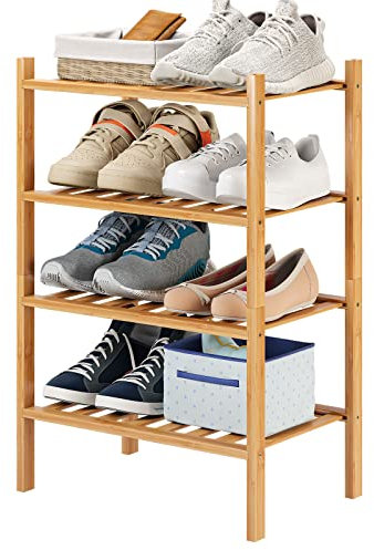 Furshus Kleines Schuhregal, 4-stöckiges Bambus-Schuhregal, stapelbar, Schuhregal, Organizer, Schuhregal für Schrank, Eingangsbereich und Flur