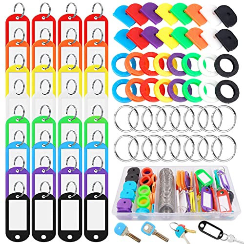 xianzhanEU 128 pcs Capuchon Clé, Cap Clé Colorées Avec BoîTe Anneau Porte Clé pour éTiquettes D'Identification, Clés de Bagage et Clés D'Organisation (4 spécifications)