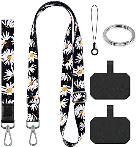 DGHYDZ Cell Phone Lanyard, Phone Lanyard Crossbody, Wrist Strap, lanyards for Keys, Universal Adjustable Shoulder Neck Straps for iPhone Case ID Badges and Most Smartphones (Black daisies)
