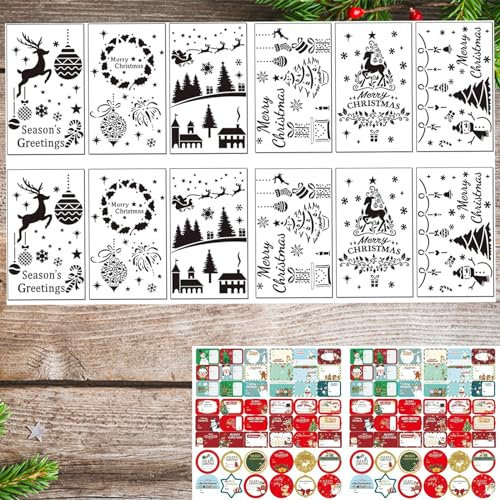 Weihnachten Schablonen, 12 Stück 18x26cm Wiederverwendbar Kunststoff Zeichenschablonen mit 12 STK Aufkleber, für Scrapbooking, Kunst Zeichnung, DIY Kartenbasteln, Fenster Sprühen, Wand DIY Dekoration