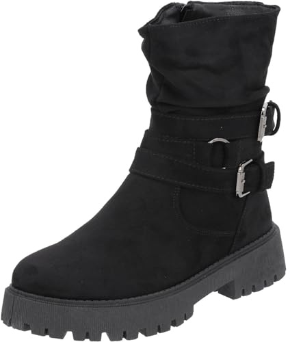 Palado Chelsea Boots Damen Lampione - modische Stiefeletten für Frauen - bequeme Winterschuhe mit 2 Schnallen - elegante Winterstiefel mit Absatz Schwarz UK5,5 - EU38