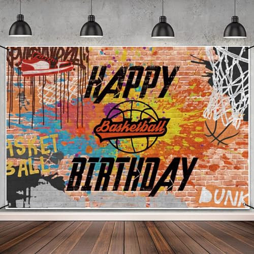 MIRRORANG 1,8x1,1m Banner Basketball Thema Alles Gute zum Geburtstag Party Dekoration Hintergrund für Junge Backsteinmauer Graffiti Schuhe Hintergrund Hintergrund