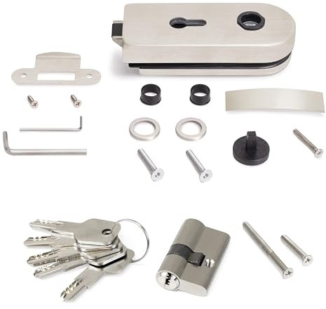 Emuca - Cerradura para puerta de cristal con marco, bombillo con llaves, puerta vidrio 8-12mm, acero, acabado inox