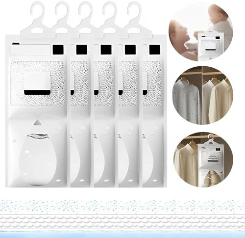 5 Pack Hänge-Luftentfeuchter,Kleiderschrank-Entfeuchter zum Aufhängen,Luftentfeuchter Beutel zum Hängen Schrank Entfeuchter Beutel Entfeuchter Schrank für Aufbewahrung, Badezimmer, Keller