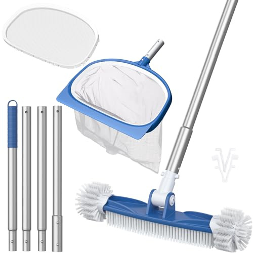 CKE Swimming Pool Cleaning Kit - Telescopic Pole, Rotatable Brush, Fine Mesh Skimmer Net for Inground & Above Ground Pools