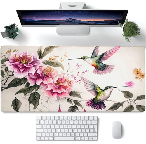 Grand tapis de souris de jeu pour bureau XXL, motif colibri et fleurs roses, tapis de souris pour clavier d'ordinateur étendu avec base antidérapante et bords cousus, 90 x 40 cm