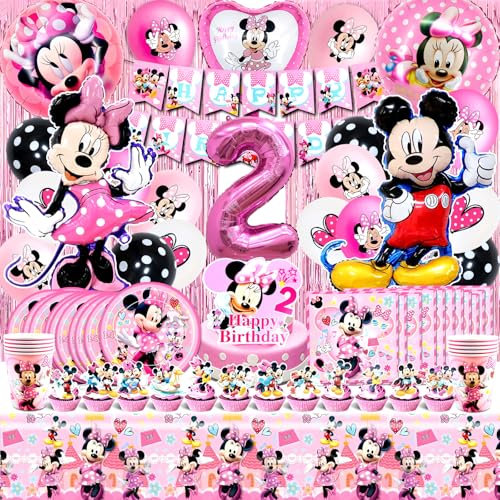 90 Pièces Decoration Minni Anniversaire Kit, Anniversaire Minni 2 Ans, Ballon Minni, Decoration Gateau Minni, Fournitures de Décoration Anniversaire, Tirer Ledrapeau, Nappe, Assiette, Fêtes Enfants