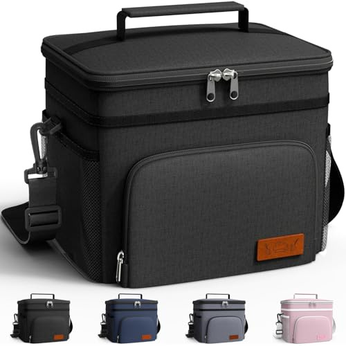 HOTOR Insulated Lunch Box for Men & Women - Leak-Proof Cooler Lunch Bag with 4 Pockets, Adjustable Strap, Ideal for Work, Picnic, Travel - Medium, Black, 10.2×6.9×8.5