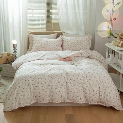 Tabeskly Pink Green Floral flower Soft Zipper Bed Bedding Duvet Cover Set Single White 135×200cm