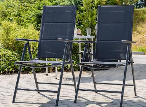 Ondis24 Hochlehner Aluminium Klappsessel Bellami Deluxe Gartensessel mit Armlehnen klappbar in 7 Stufen, UV-beständig, mit Polsterung, wetterresistent, anthrazit (2 Stück)