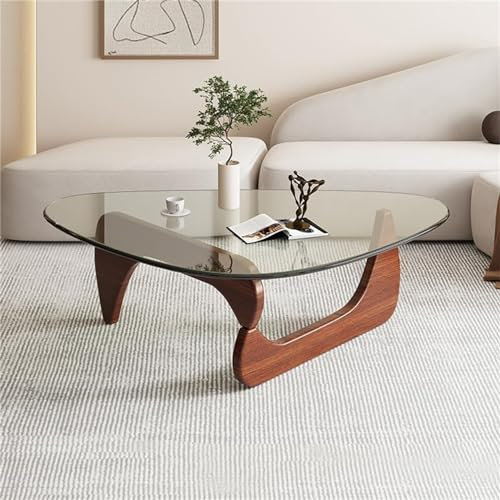 WTTWW Table Basse Triangulaire en Verre avec Cadre en Bois Massif pour Salon, terrasse, Bureau (Noyer)