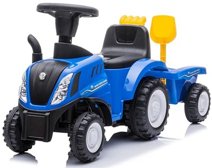 Primi Passi Trattore Cavalcabile New Holland per Bambini 1-3 Anni con Rimorchio, Luci e Suoni, Paletta e Rastrello Inclusi – Veicolo Giocattolo Cavalcabile Blu per Interno ed Esterno