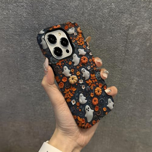 Yhsvie Handyhülle für iPhone 15 Hülle Ultradünne Skelett Muster Cover iPhone 15 Leicht Matt PC Hard Case Kürbis Geist Weich TPU Anti-Kratzer Stoßfest Schutzhülle-Muster5