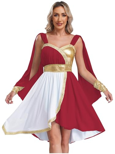 FEESHOW Damen Kostüm Athena Griechische Göttin Kleid Mit Umhang Cape Griechen Römerin Ägypten Kostüm Karneval Halloween