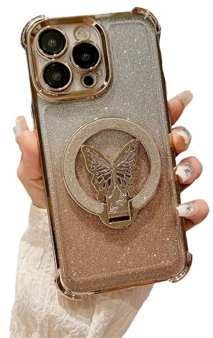 Bakicey Kompatibel mit iPhone 11 Pro Hülle,Magnethalterung mit Schmetterling Verlauf Durchsichtig Glitzer PC Handyhülle Luxuriös Kratzfest Case Cover für iPhone 11 Pro,Gold