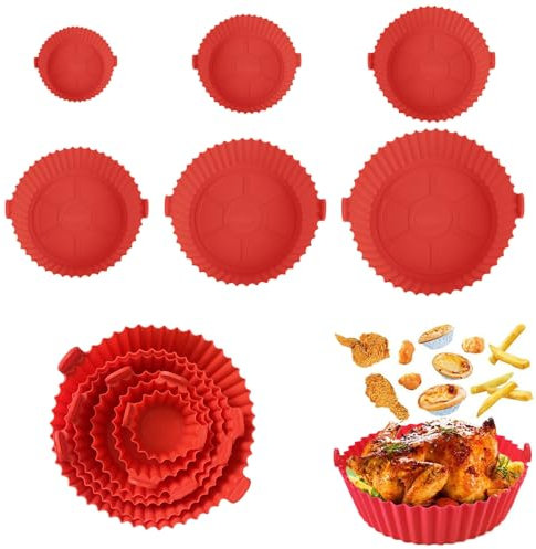 Bloomique 6PCS Reusable Silicone Air Fryer Liners, Round 8 Inch, Heat Resistant, Non-Stick, Foldable, Multi-Purpose, Red