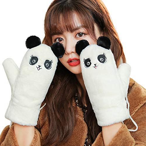 Arecobticy Handschuhe für Damen, flauschig, Plüsch, Vollfinger-Handschuhe, Cartoon-Panda-Stickerei, warmer Fäustling, Farbige Referenzbilder, 10x5x1cm