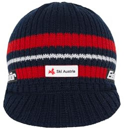 Eisbär Pauli Ski Austria Cap blau – Strickmütze mit Schild, Merino-Mix (mulesingfrei), Kuscheligem Fleeceband & Offiziellem Ski Austria Logo – Retro-Design für Sonne & Schnee