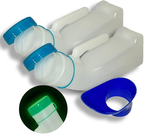 Urinoir portable pour homme/femme - Couvercle phosphorescent - Lot de 2 - 1000 ml - 1 pièce jointe - Unisexe - Portable - Anti-déversement - Pour voyage, hôpital et soins à domicile