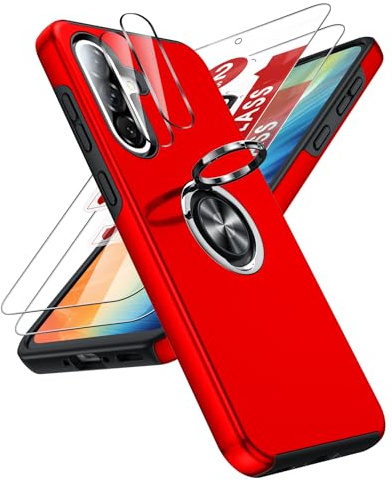 LeYi for Samsung Galaxy A56 Phone Case with 2 Screen and 2 Lens Protector | Invisible Metal Ring Stand Holder Shockproof Tough Protective Mobile Cover for Galaxy A 56 - Red