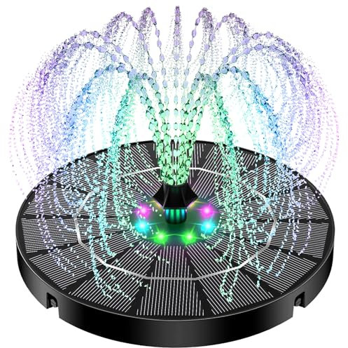 Yzert Solar Fountain with Colorful Lights,High Efficiency Solar Water Fountain with 2200mAh Battery 7 Nozzles and 4 Fixer,Solar Fountain for Bird Bath Garden Outdoor Décor