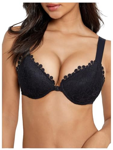 GORGLITTER Women's Push Up Front Fastening Bras Underwire High Support Lace Bras Everyday Bra Black 40B