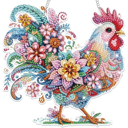 Lxmsja 5D Diamond Painting Anhänger Huhn, Tier Diamond Painting Kinder Erwachsene, Hängende Ornament Bastelset Kreativ Set für Erwachsene Geschenk Mädchen 7 8 9 10 11 Jahre, Kranz Tür Fenster Deko