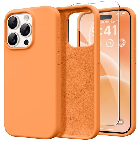 GONEZ für iPhone 15 Pro Hülle Silikon 6,1 Zoll & Displayschutz, [MagSafe-kompatibel] dünne Handyhülle aus Flüssigsilikon, Kratzfeste und stoßfeste, Mikrofaserfutter Schutz Case, Orange