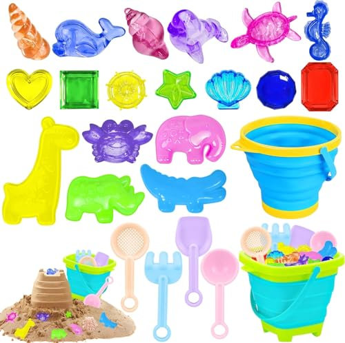 JINCHIDA 24PCS Bucket Beach Toys Set, Sand Toys with 2 Collapsible Bucket, 4 Shovel Tool Kits,14 Ocean Theme Beach &Pool Toys, Sand and Water Outdoor Fun Tools for Boys Girls-A