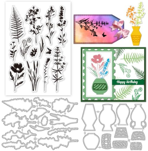 GLOBLELAND Blumenvase Silikonstempel Metall Stanzformen Malschablonen Für Die Kartenherstellung Blumensilhouette Stempel Stanzformen Farnblatt Schablonen Set Für DIY Scrapbooking Kunsthandwerk