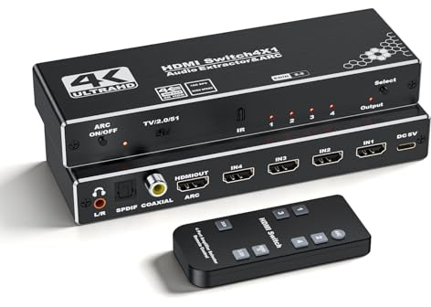 4 Ports 4K HDMI Switch Audio Extractor with Optical Toslink SPDIF/Coaxial / 3.5mm L/R Audio Out, 4 in 1 Out HDMI 2.0b Switcher with Remote Control Support ARC, HDR, HDCP 2.2, 18Gbps, 3D