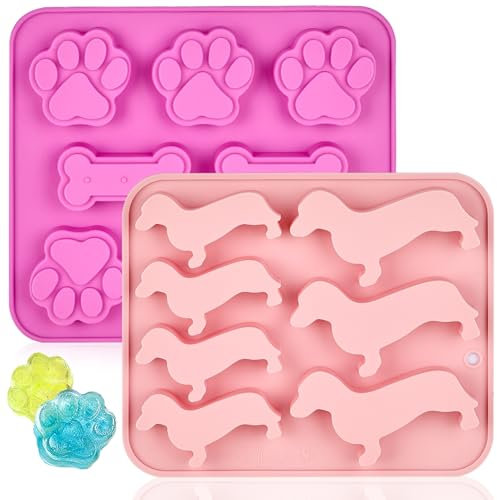 2 Pack Sausage Dog Ice Cube Tray, Dachshund Gifts for Pet Lovers, Dog Themed Silicone Moulds for Baking, Chocolate, Treat Moulds, Dogs Paw and Bone Silicone Molds