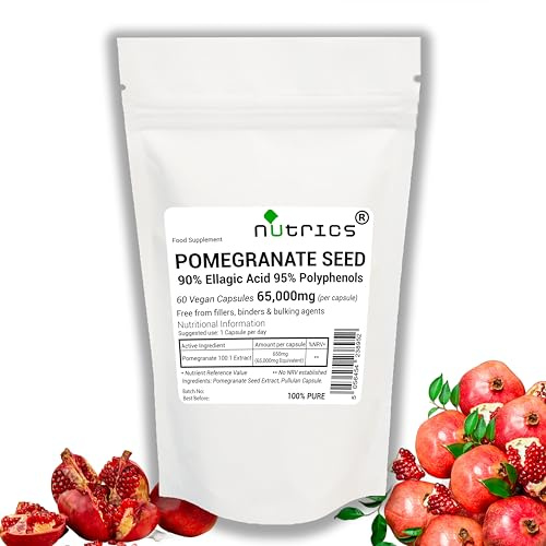 Nutrics® 65,000mg (per Capsule) Pomegranate Seed Extract 60 Vegan Capsules - 90% Ellagic Acid 95% Polyphenols standardised Pure No fillers Binders or Bulking Agents (60)